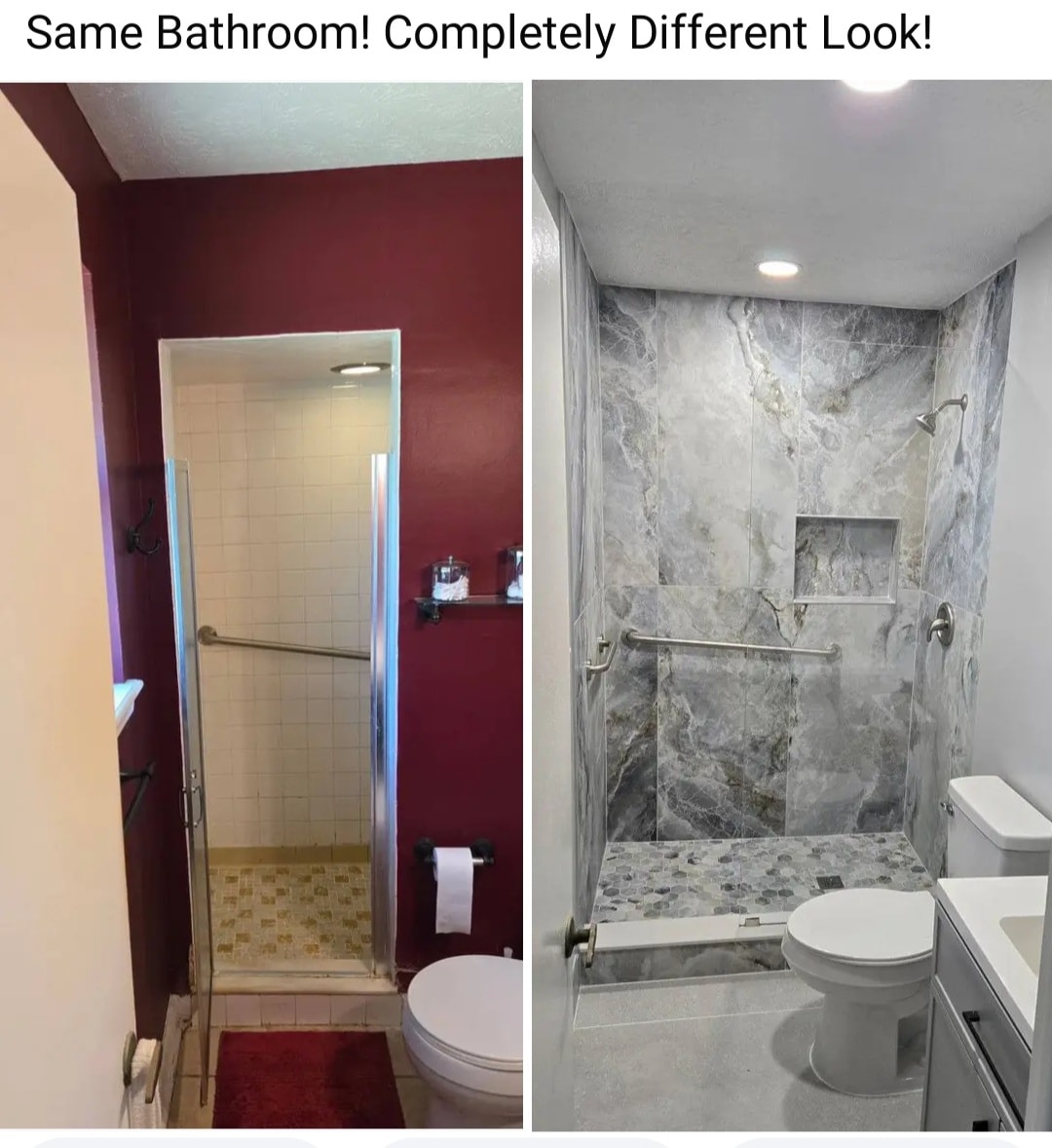 Bathroom renovation before and after with marble tile shower